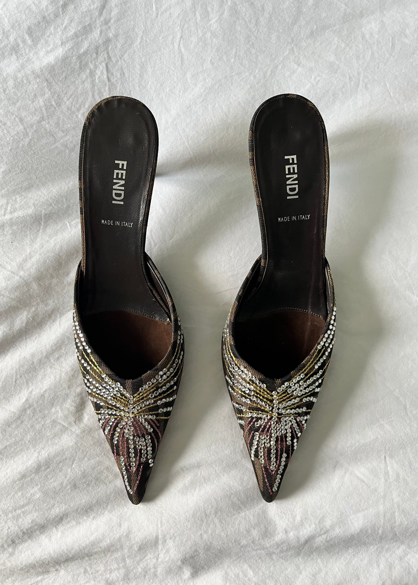 FENDI CRYSTAL EMBELLISHED MULES, 38